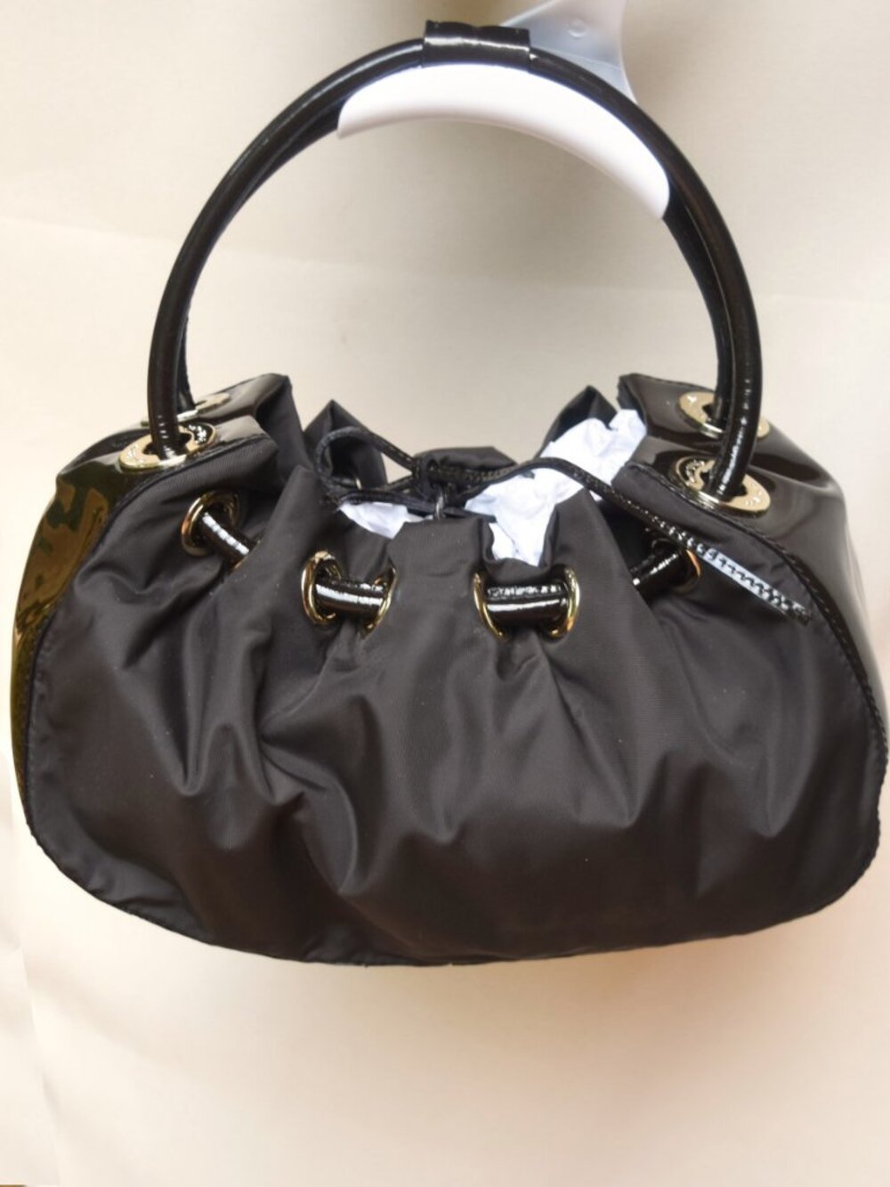 Kate Spade Black Nylon Patent Leather Drawstring Satchel Bag